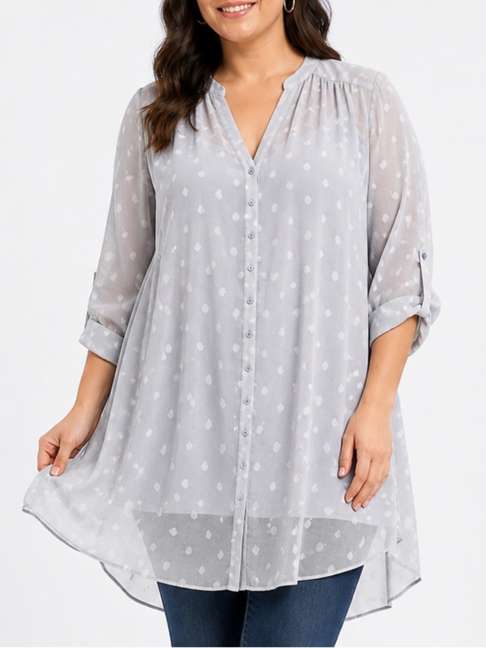 Torrid Sheer Polka Dot Tunic Top Blue Gray Button Front Chiffon 3X